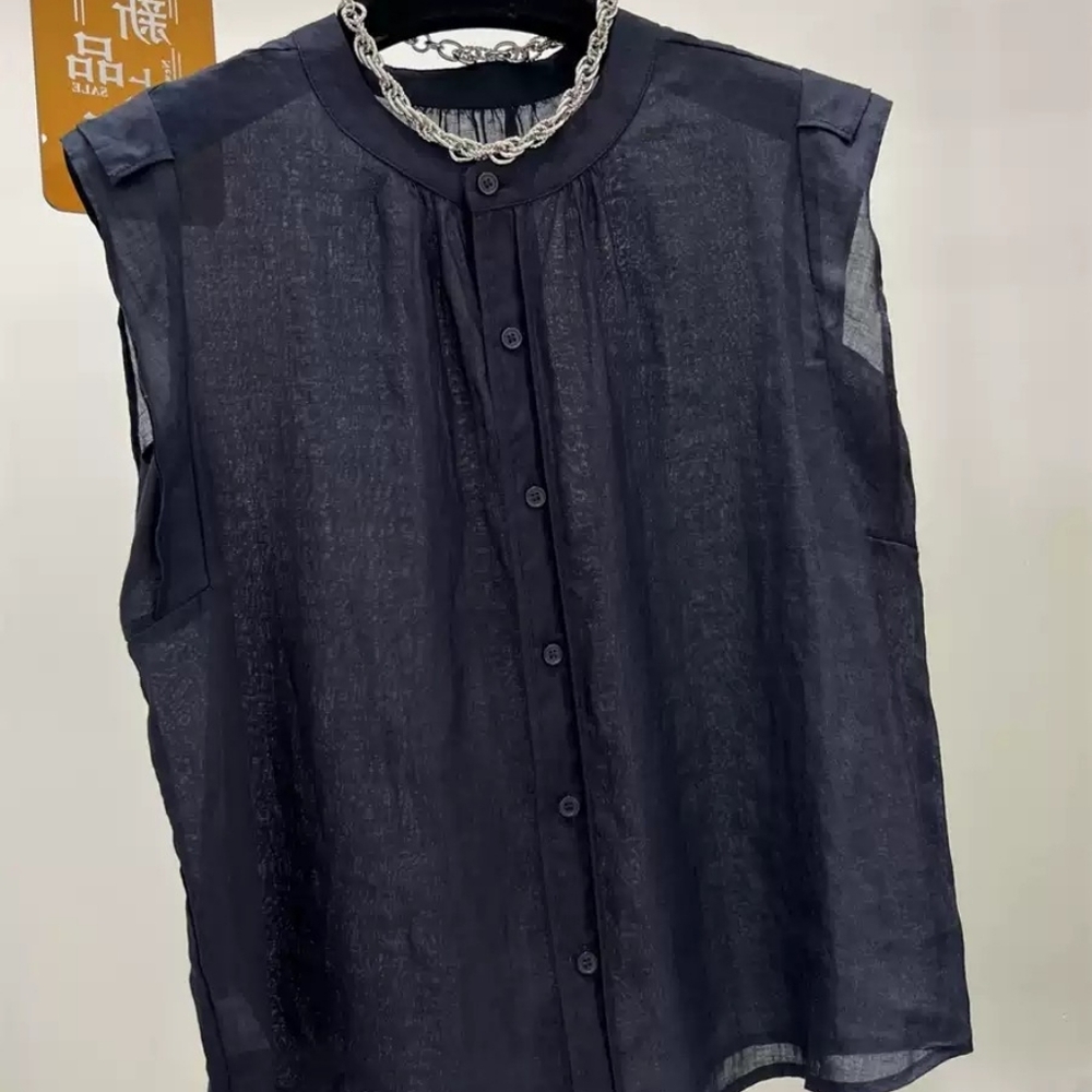 Dark Navy Linen Sleeveless Button Down Shirt